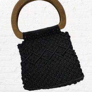 Vintage Boho Black Macramé Bag Wood Handles